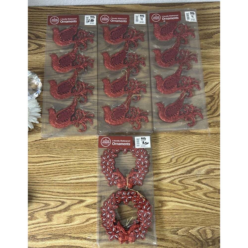 Winter Wonder Lane 4 Variety Red Sparkly Dove Christmas Tree Holiday Ornaments